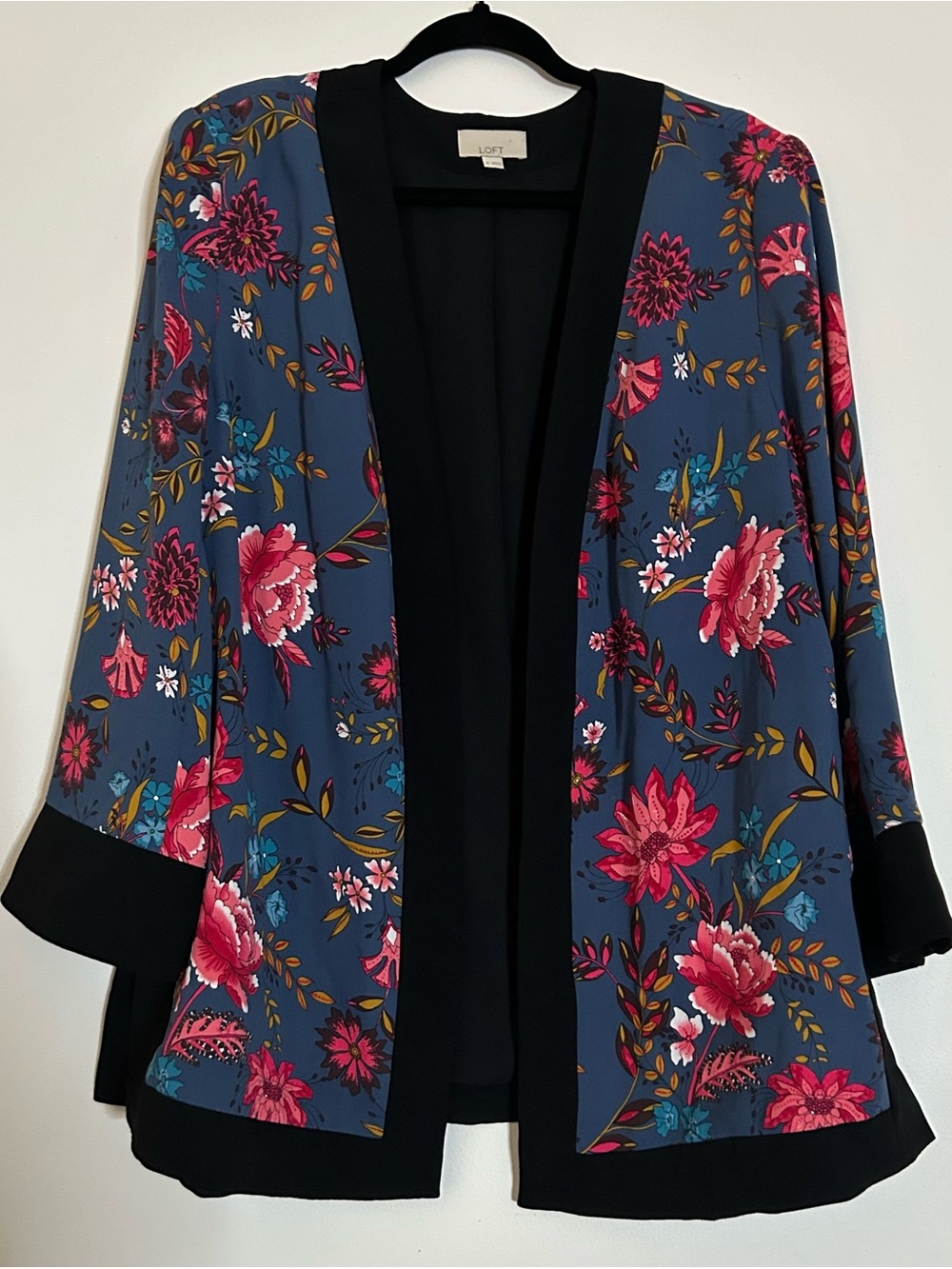 LOFT Navy Floral Open-Front Kimono Blazer with Black Trim